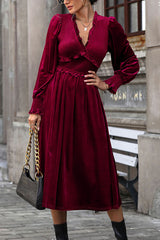 Solid Color Velvet Pleated Ruffled V-neck Long Sleeve Elegant Midi Dress