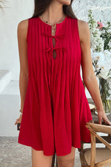 Solid Color Sleeveless Tie Pleated Casual Mini Dress
