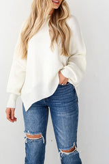 Distressed Knit Side Slit Long Sleeve Pullover Sweater