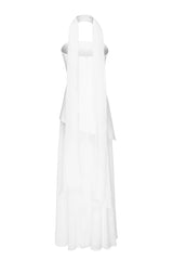 Monaco Off Shoulder Structured Top Chiffon Slit Hem Scarf Maxi Dress