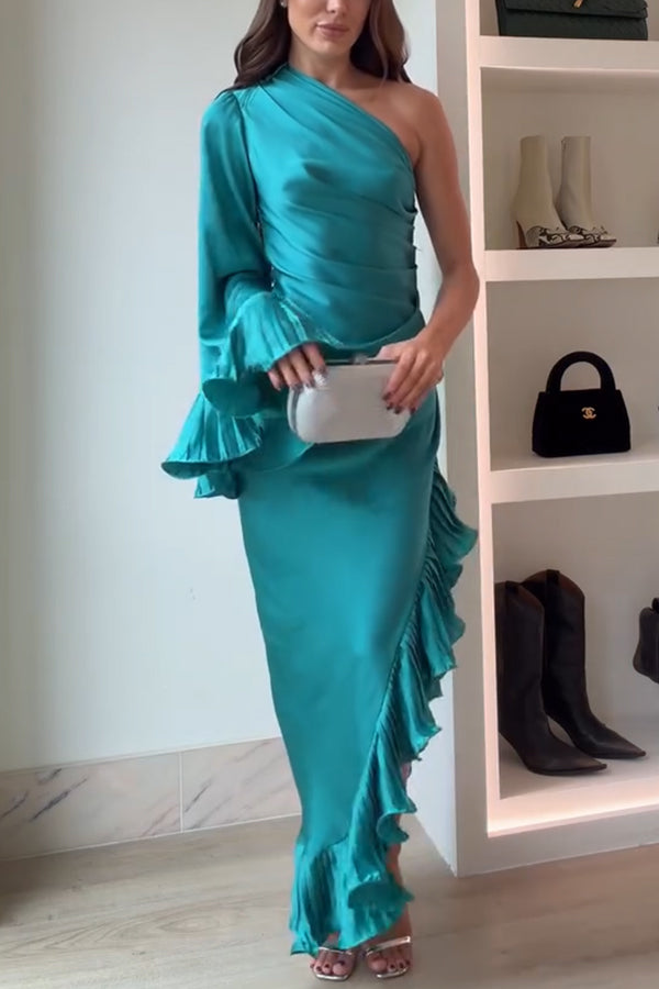 Elegant Satin One Shoulder Sleeve Pleated Ruffles Trim Ruched Asymmetrical Maxi Dress