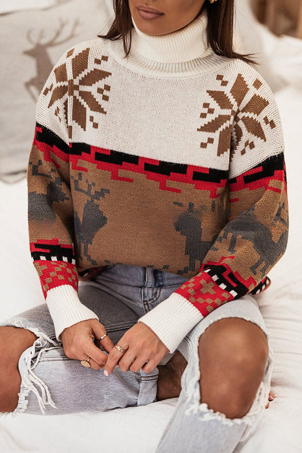 Christmas Reindeer Turtleneck Knitted Long Sleeved Sweater