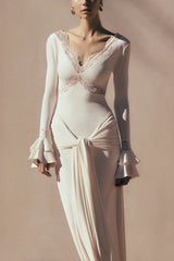 Fashion Lace Splicing Sexy V-neck Long-sleeved Slim Maxi Dress
