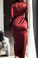 Solid Color Satin V-neck High Waist Tie Slim Midi Dress