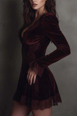 Fashionable Velvet and Lace Patchwork Long-sleeved V-neck Slim-fit Mini Dress
