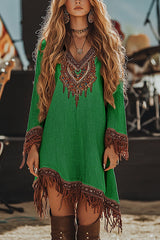 Unique Printed V-Neck Long Sleeve Fringe Loose Mini Dress