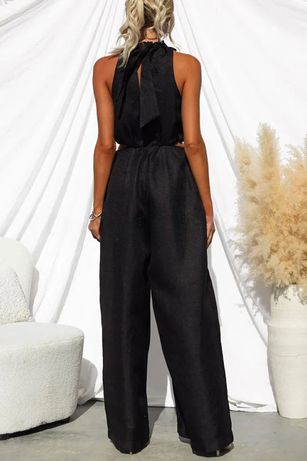 Elyssa High Neck Cutout Elastic Waist Pocketed Wide Leg Jumpsuit