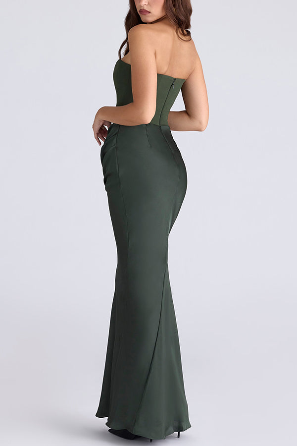 Attend The Gala Strapless Corset Satin Ruched Hip Drape Maxi Dress