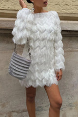 Swaying in The Wind Layered Tassels Wide Neck Long Sleeve H-line Mini Dress