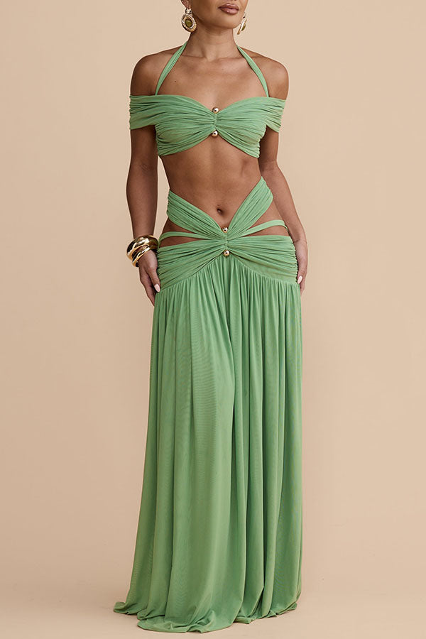 Martina Stretch Mesh Gold Metal Detail Gathered Sweetheart Crop Halter Vacation Tank