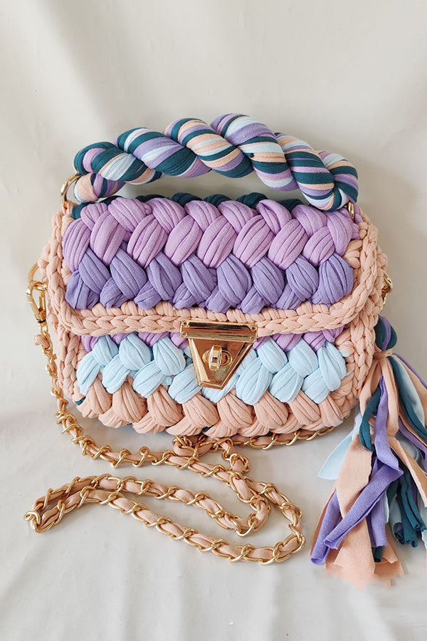 Contrast Color Stitching Braided Chain Tassel Bag