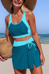 Stylish Color-blocked High-wsted Tie-up Stretch Two-piece Bikini Swimsuit