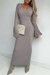 Ahion Knitted V Neck Long Sleeved Maxi Dress