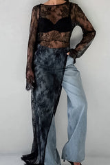 Sexy Openwork Lace Long-sleeved Asymmetrical Casual Top
