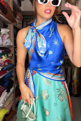 Surrealist Summer Satin Unique Print Tie-up Details Layered Hem Scarf Maxi Dress