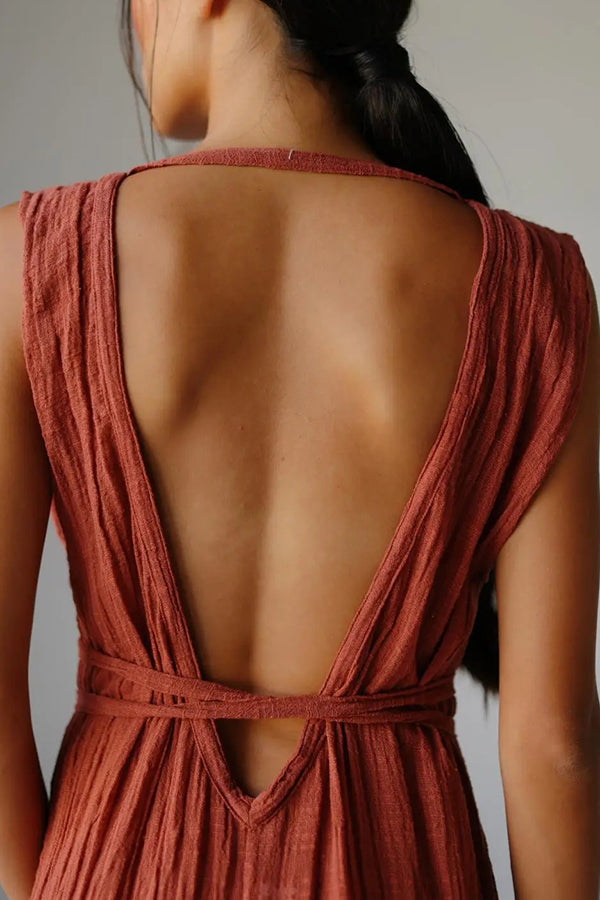 Resort Style V-neck Tie Pleated Casual Jumpsuit