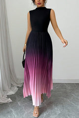 Fashionable Gradient Sleeveless Slim Fit Stitching Pleated Maxi Dress