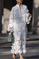 Solid Color Hollow Embroidery Loose Long Sleeve Midi Dress