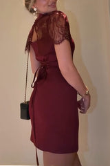 Night on The Town Lace High Neck Cape Back Lace-up Slip Mini Dress