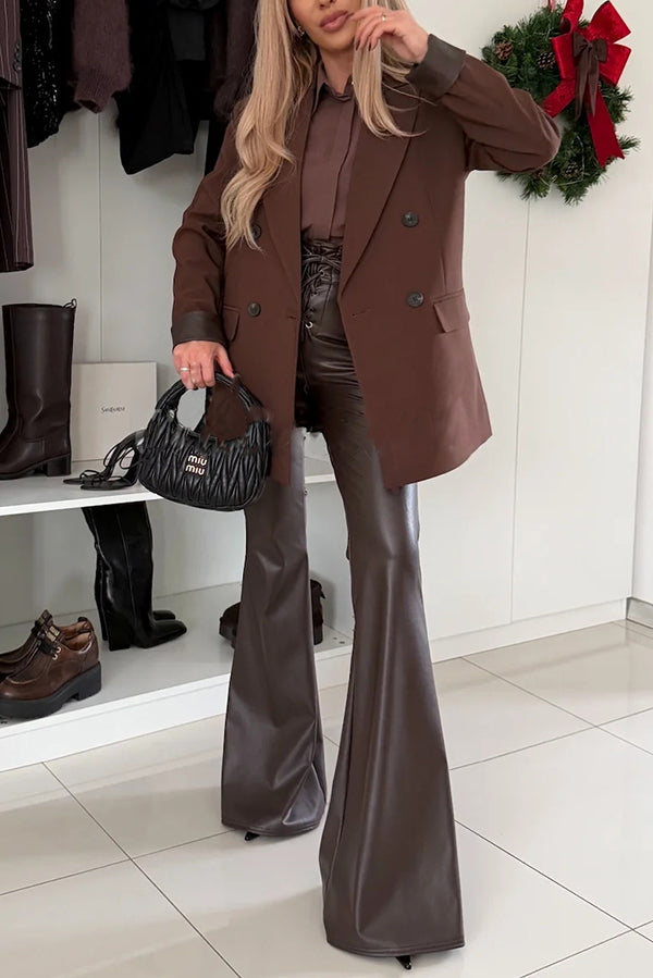 Stylish Faux Leather High Waist Lace-up Back Zipper Flare Stretch Pants