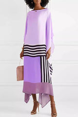 Unique Striped Print Crew Neck Loose Midi Dress