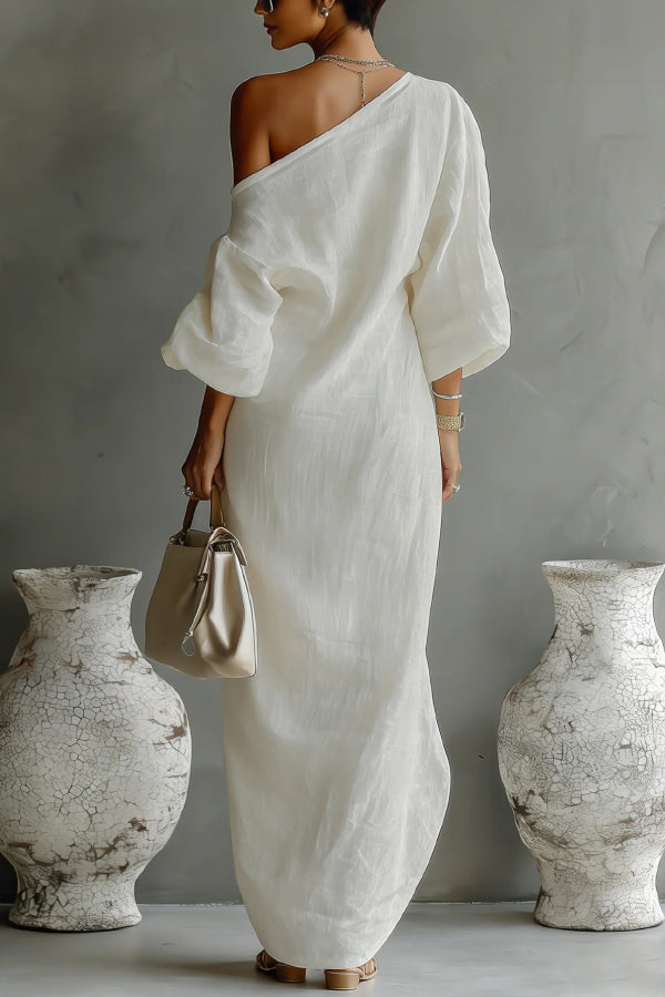 Linen Blend Loose-fitting Slanted Neck Lantern Sleeve Casual Maxi Dress