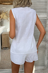 Solid Color Holiday Style V-neck Button Vest and Elastic Waist Casual Pocket Shorts Set