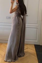 Solid Color Satin Sleeveless Waist Elegant Pleated Ribbon Maxi Dress