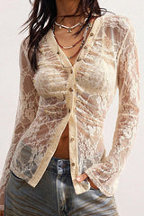 Fashion Lace Long Sleeve Casual Slim See-Through Shirt