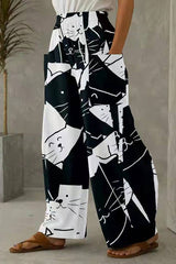 Alley Linen Blend Abstract Printed Pocketed Elastic Waist Pants