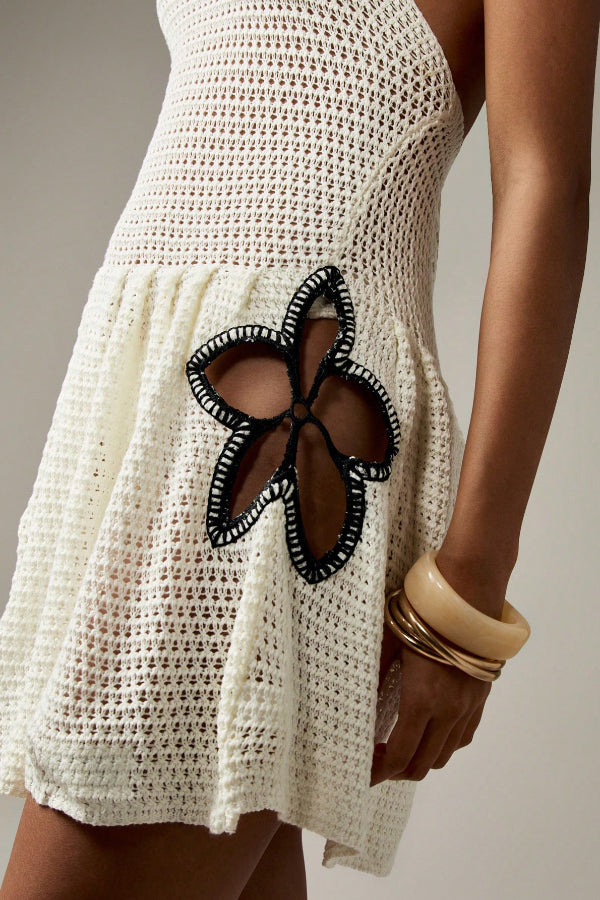 Fashionable Openwork Knit Halter Neck Backless Cover-up Mini Dress