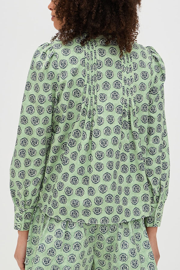 Deelia Unique Print Scalloped Edges Long Sleeve Blouse and Pleated Button Waist Flare Shorts Set