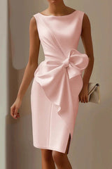 Solid Color Bow Decoration Round Neck Sleeveless Knee-Length Mini Dress