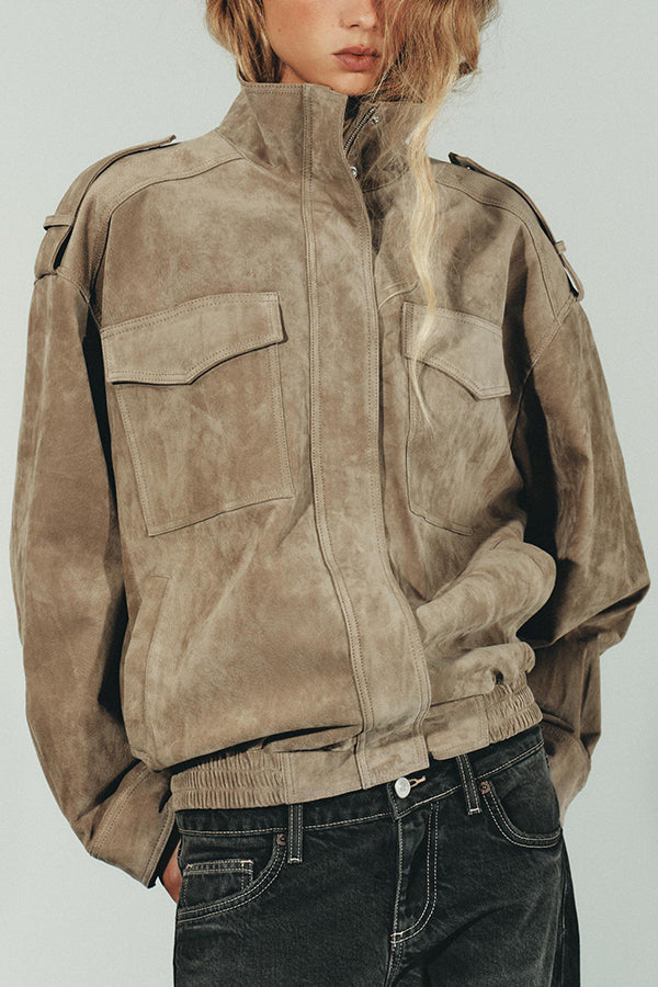 Fashionable Suede Loose Pocket Leather Jacket