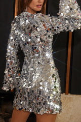 Fashionable and Dazzling Large Sequins Long Bell Sleeve H-line Mini Dress