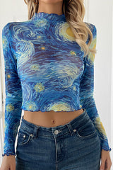Starry Sky Print Stand Collar Mesh Long Sleeve Slim Fit Top