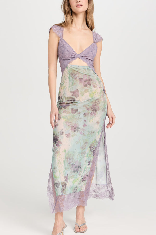 Floral Print Lace Patchwork Hollow-out Slim-fit Midi Dress