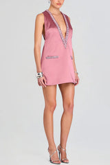 Elegant Demeanor Satin Gemstone Trim Deep V-Neck Tank H-line Mini Dress