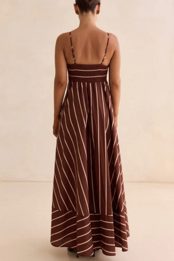 Striped Print Square Neck Spaghetti Strap High Waist Casual Maxi Dress