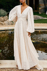 Wedding Guests Pleated Textured Chiffon Fabric Balloon Sleeve Open Back Maxi Dress
