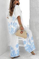 Coconut Palm Linen Blend Unique Print Oversized Shirt and Elastic Waist Pocket Loose Pants Set