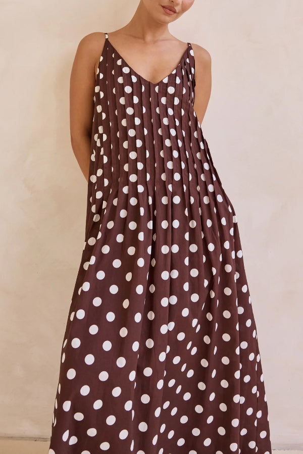 Polka Dot Print V-neck Pleated Casual Vacation Maxi Dress