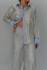 Fashion Sequined Loose Long-sleeved Shirt and Casual Elastic Waist Wide-leg Pants Set