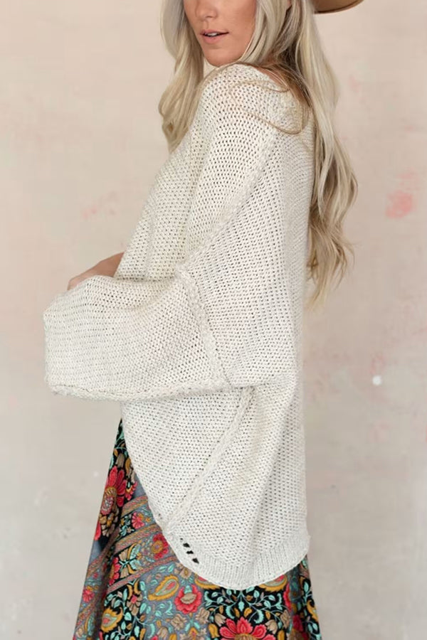 Solid Color Loose Round Neck Long Sleeve Casual Knitted Sweater
