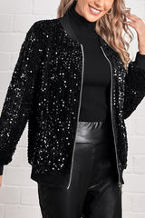 Fashionable Sequined Long-sleeved Zip-up Casual Jacket