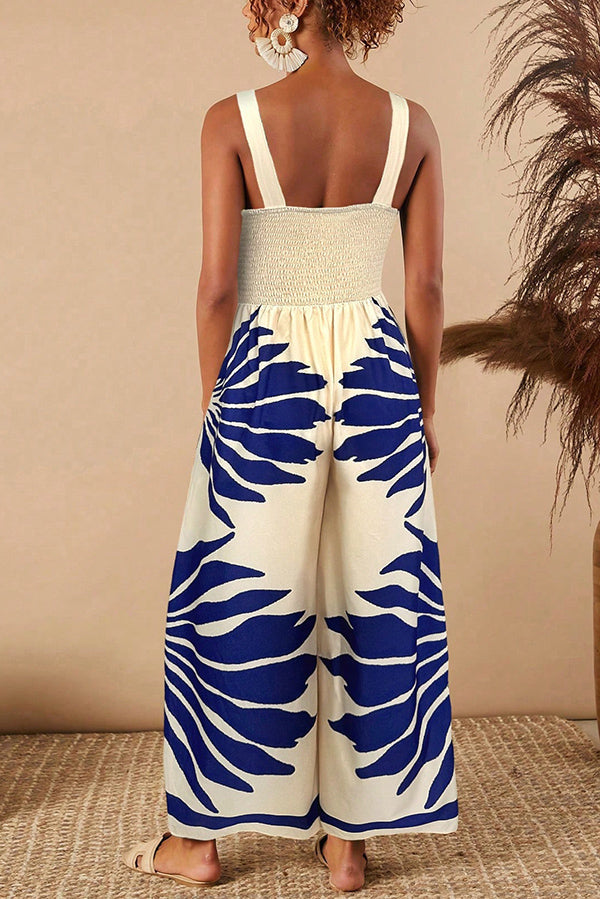 Unique Printed Open Back Pleated Casual Wide-leg Jumpsuit