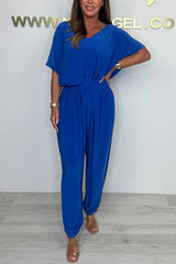 Solid Color V-neck Short-sleeved Waist-tied Loose Casual Jumpsuit