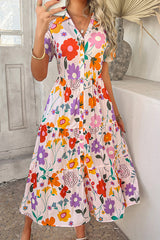 Bohemian Resort Style Print Casual Short Sleeve Button Midi Dress