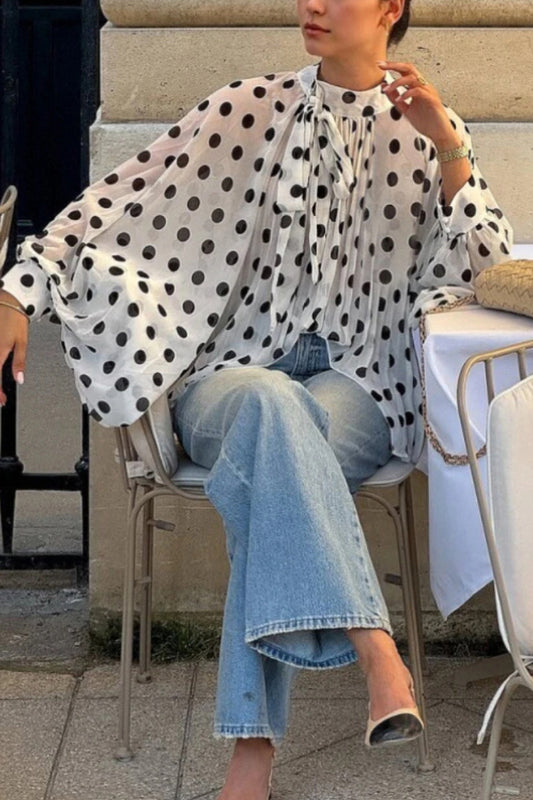 Polka Dot Print Tie-waist Lantern Sleeve Elegant Loose Shirt