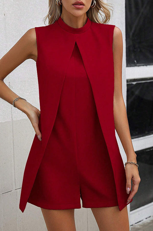 Solid Color Stand Collar Sleeveless Fake Two-piece Casual Rompers